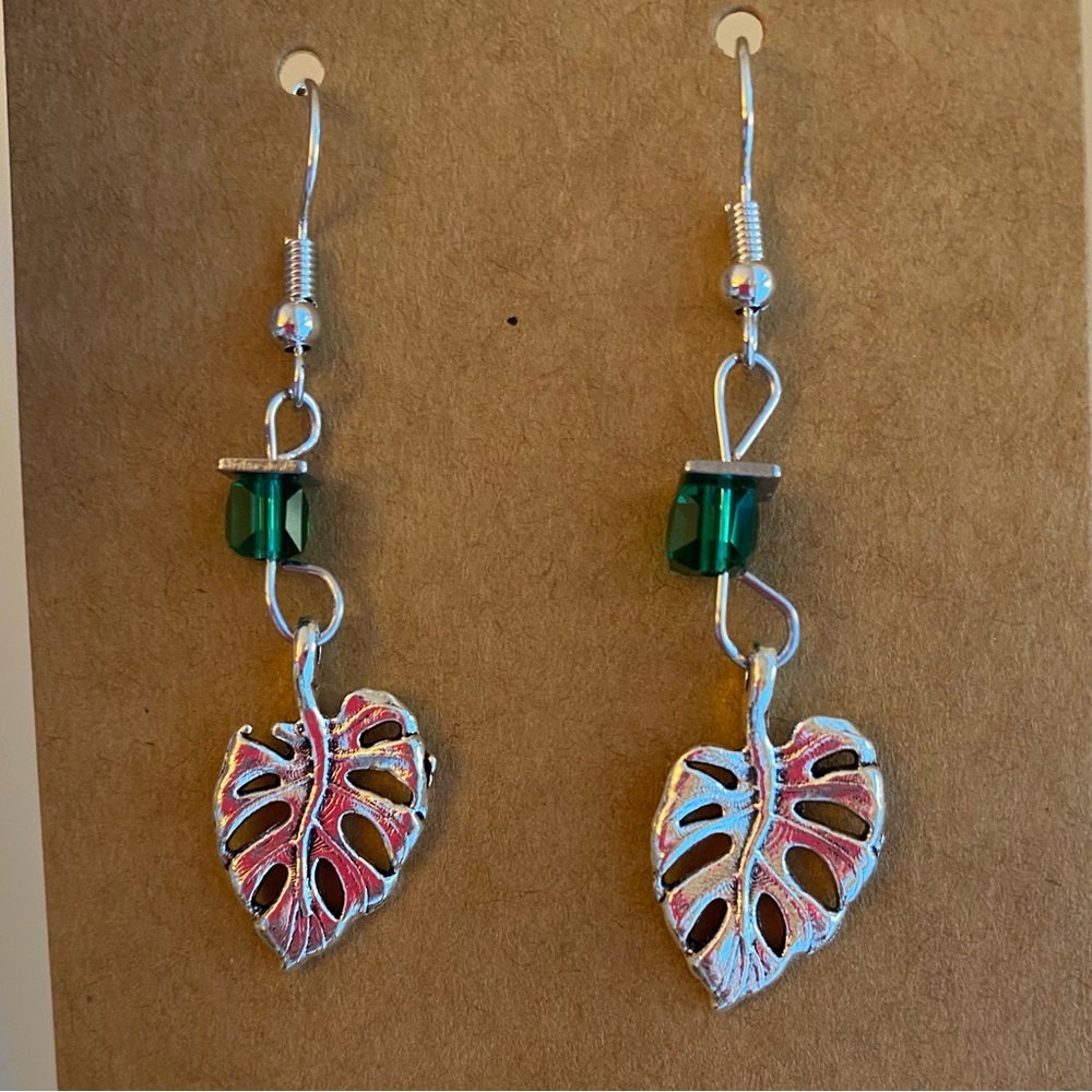 Monstera Leaf Dangle Earrings with Green Beads
